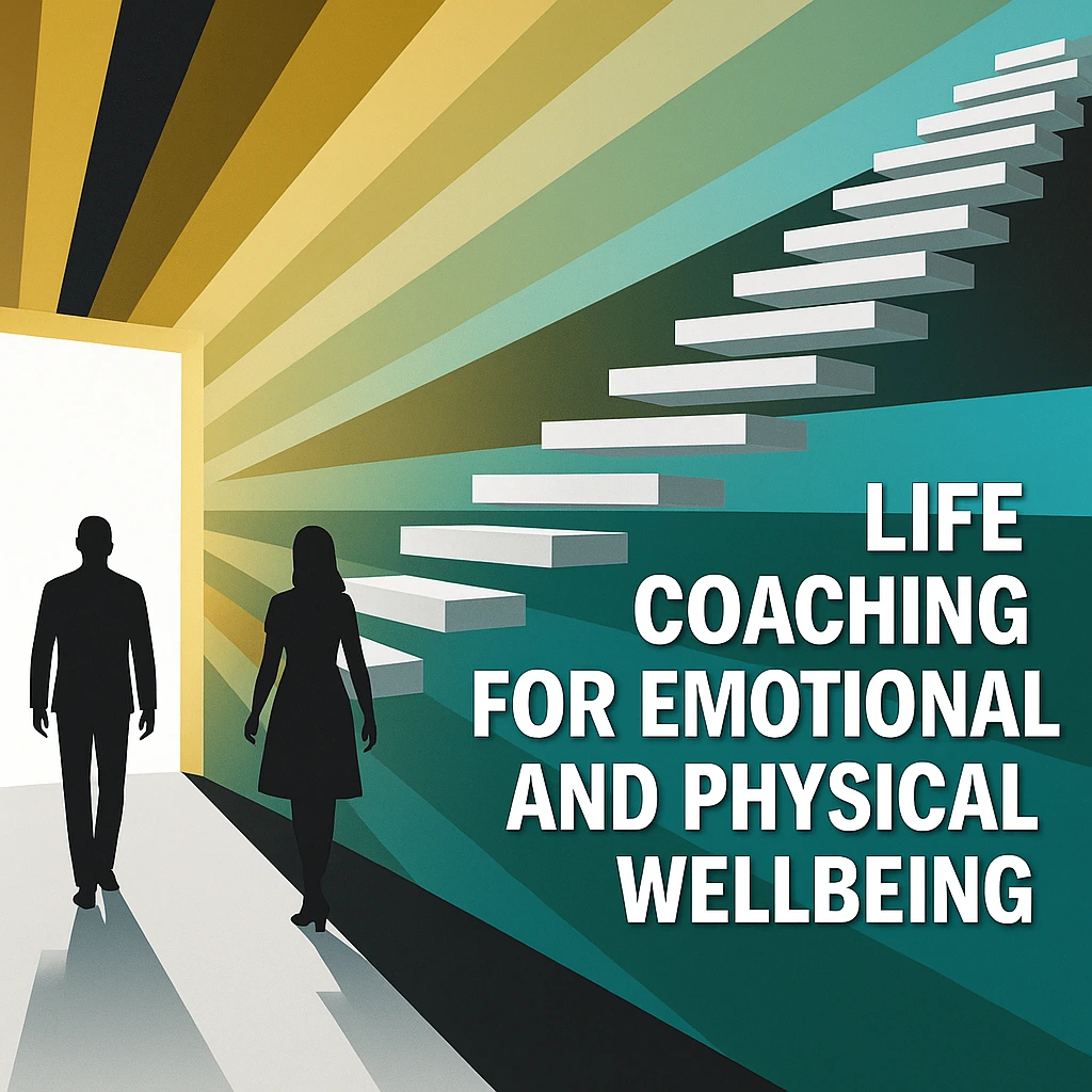 Illustration of two people walking toward a bright doorway with floating steps, representing life coaching for emotional and physical wellbeing.