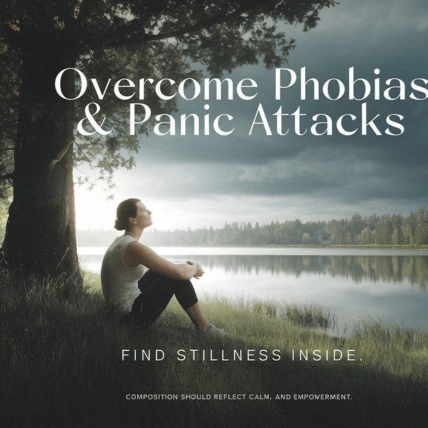 Person sitting peacefully by a lakeside under a tree, symbolizing overcoming phobias and panic attacks through calm and inner strength.